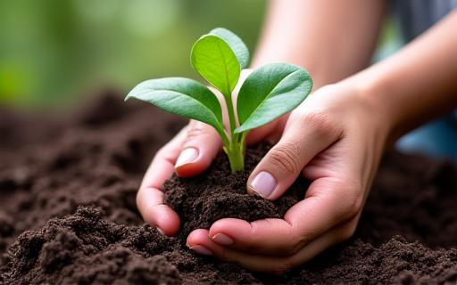 Hands planting a native seedling in rich soil.