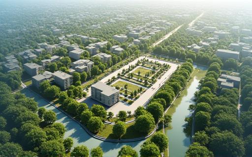Aerial view of a master-planned community with green corridors.