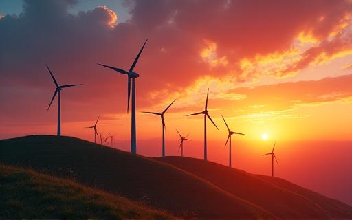 Wind turbines on a rolling hill at sunset.